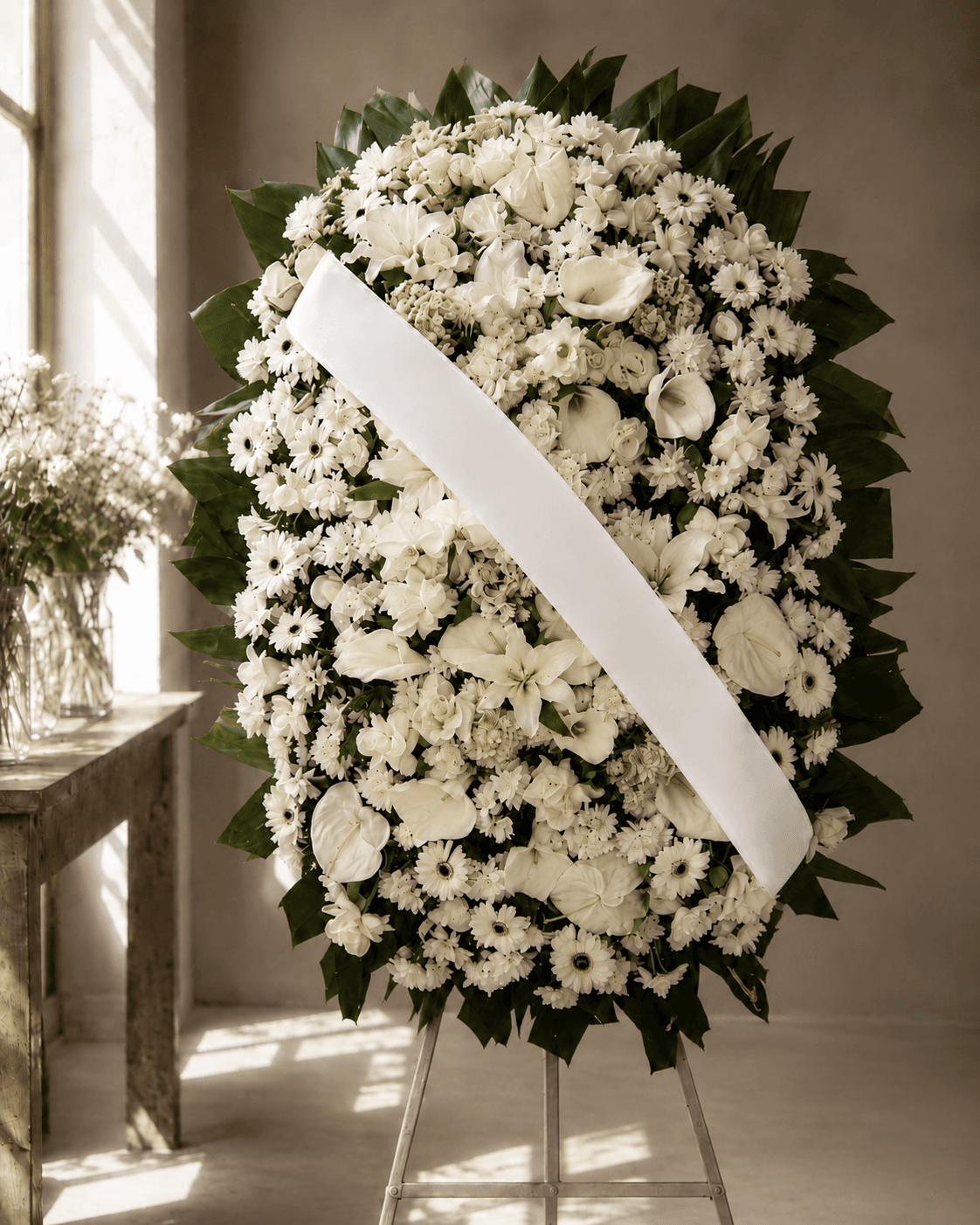 Coroa de flores montada com flores frescas pelas nossas floristas