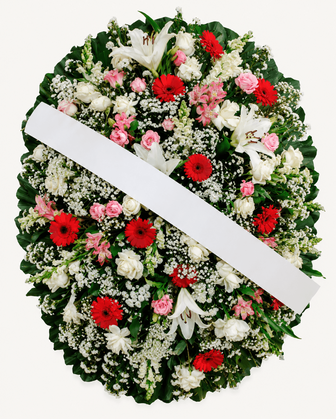 Coroa de Flores Grande Branca, Rosa e Vermelha de Lírios, Rosas e Gérberas