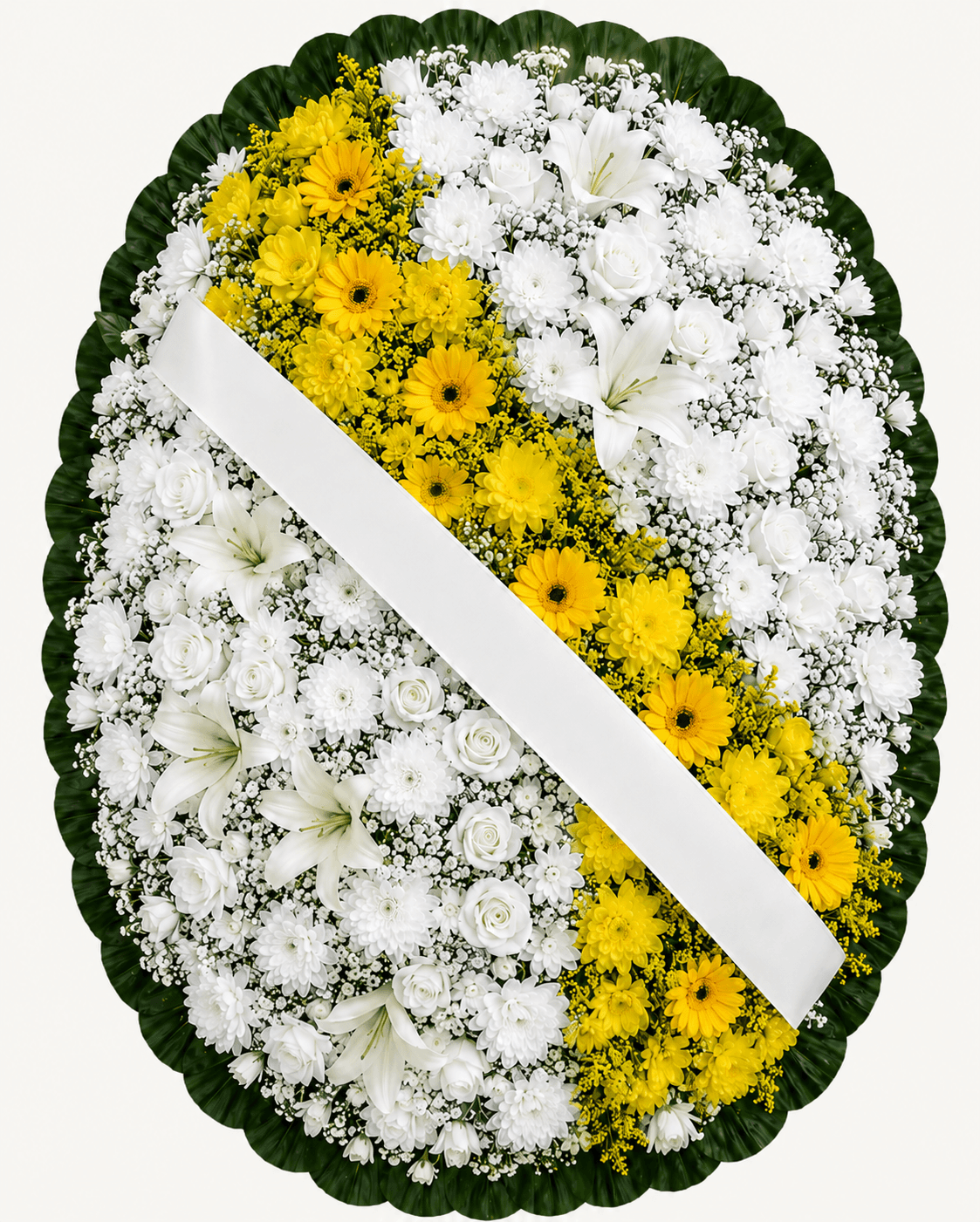 Coroa de Flores Suprema Branca e Amarela em Desenho Espiral